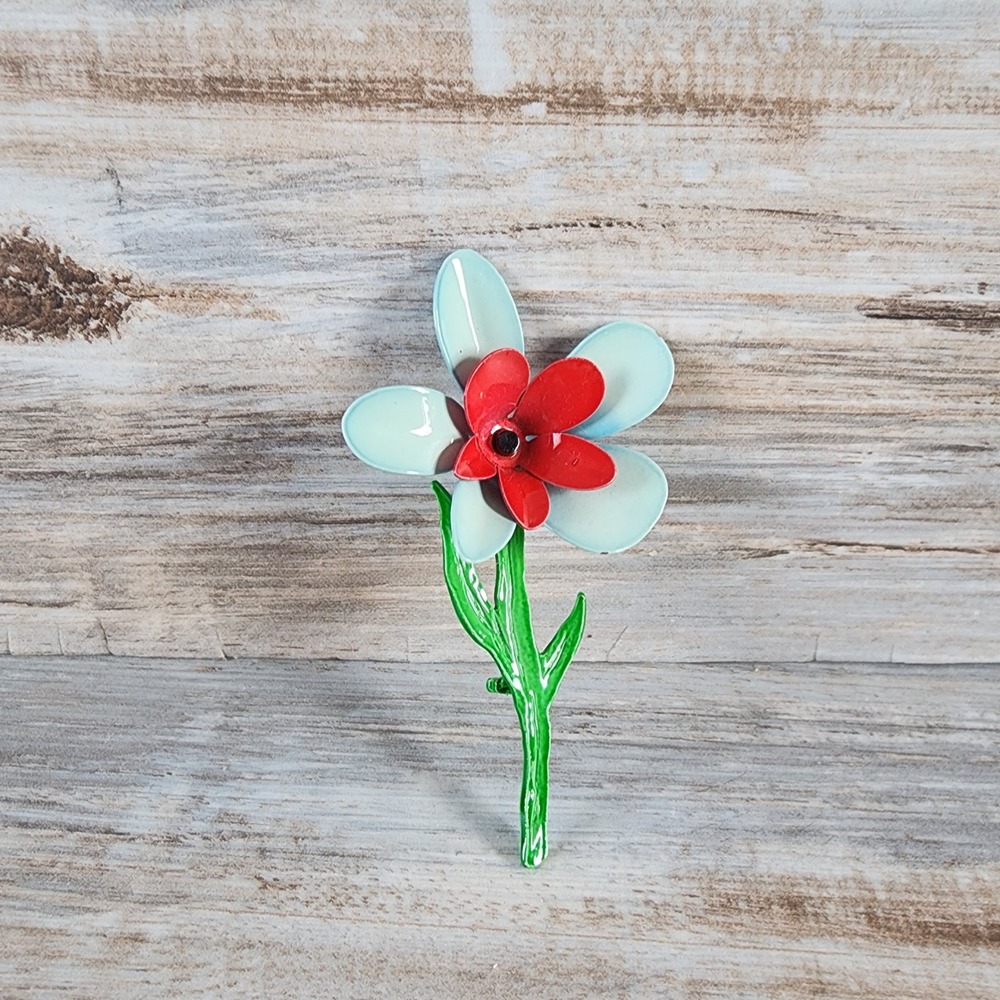 Vintage Enamel Flower Brooch Blue Red Green Floral Pin Mid-Century Retro Jewelry